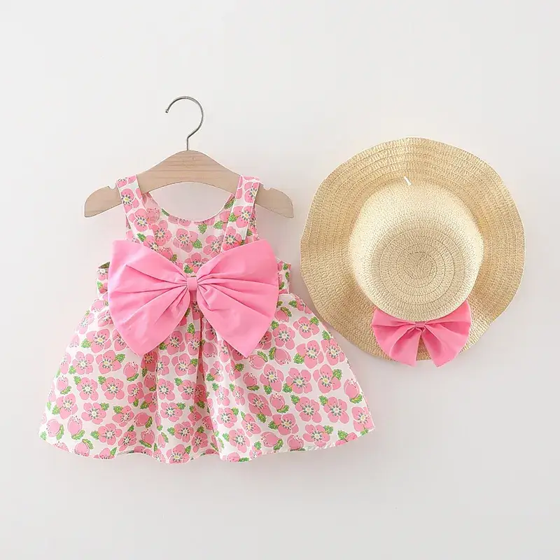 Girls Floral Bow Summer Dress with Straw Hat — feature 1