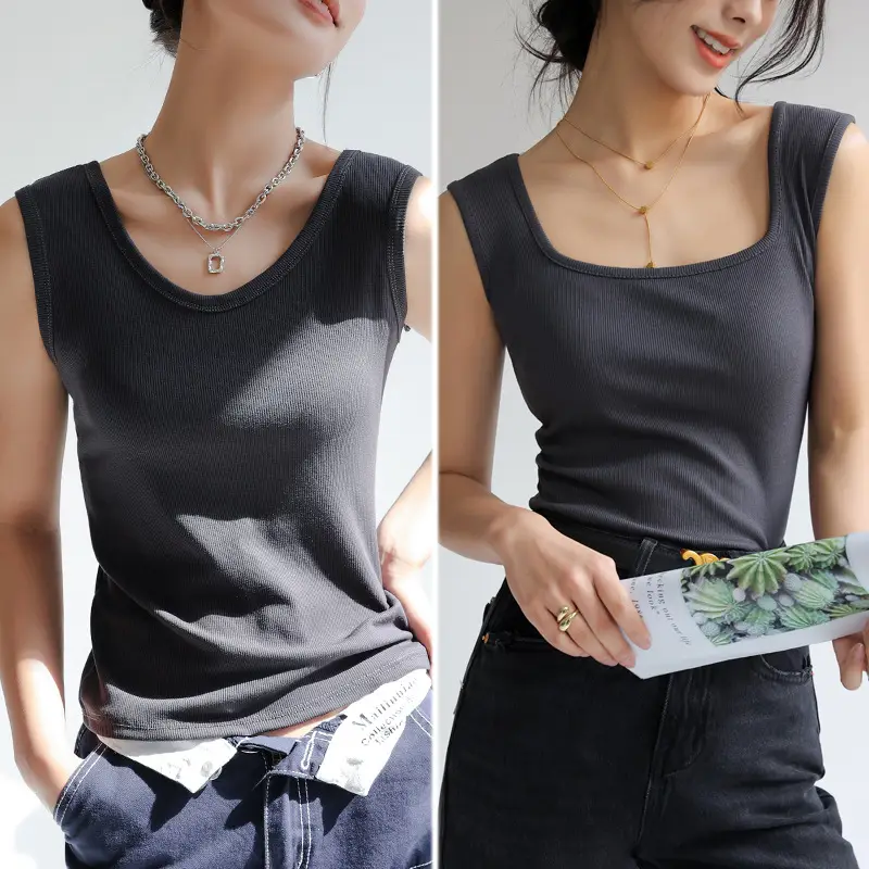Women V Neck Sleeveless Black Cotton Camisole