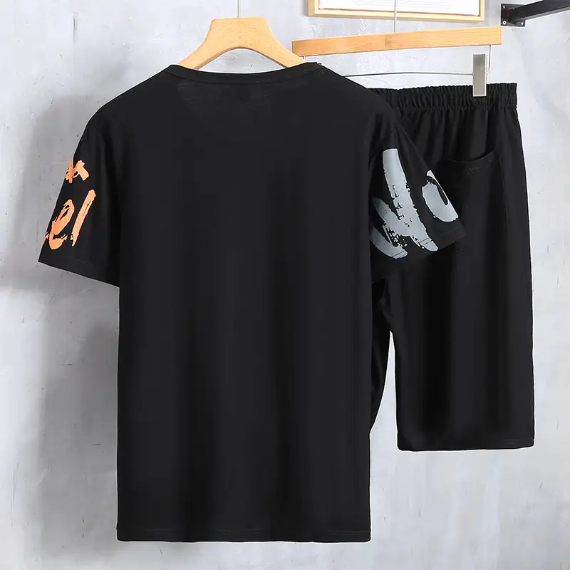 Black Graphic Short Sleeve Hooded Shorts Set Large - Image 5