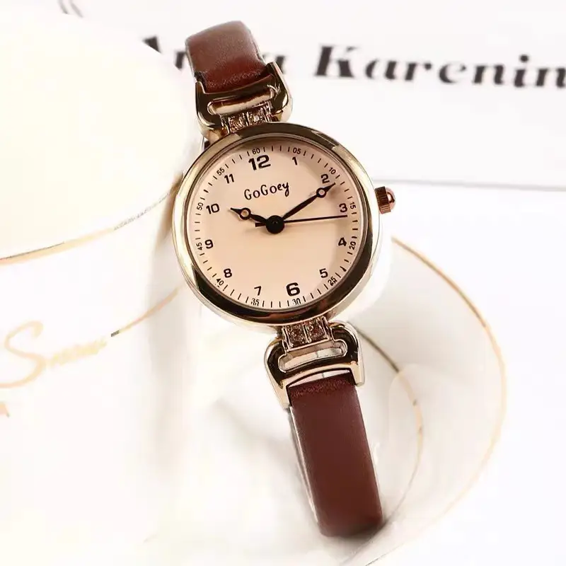 Women's Round Quartz Watch Brown Leather Strap - Image 2