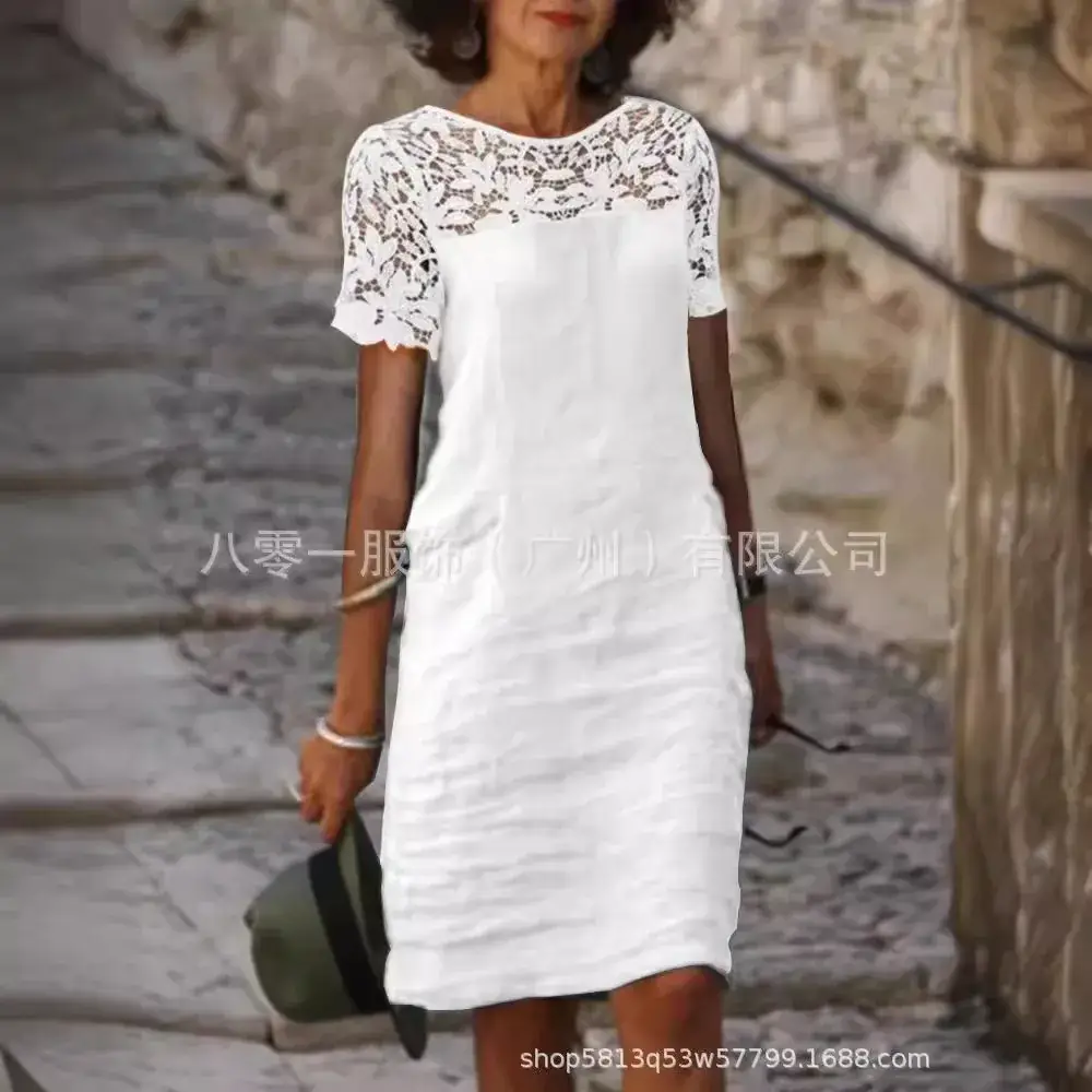 2023 White Lace Round Neck Cotton Dress for Women