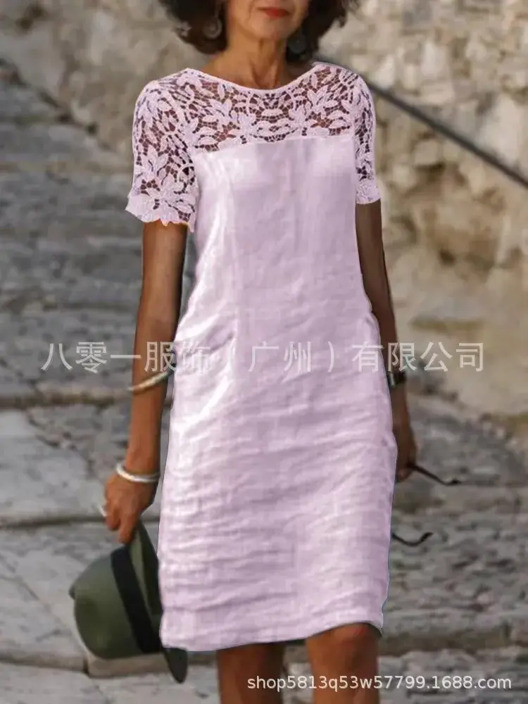 2023 White Lace Round Neck Cotton Dress for Women