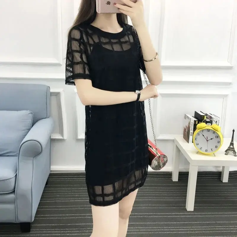 Black Mesh Plaid Dress Mid-Length Slimming