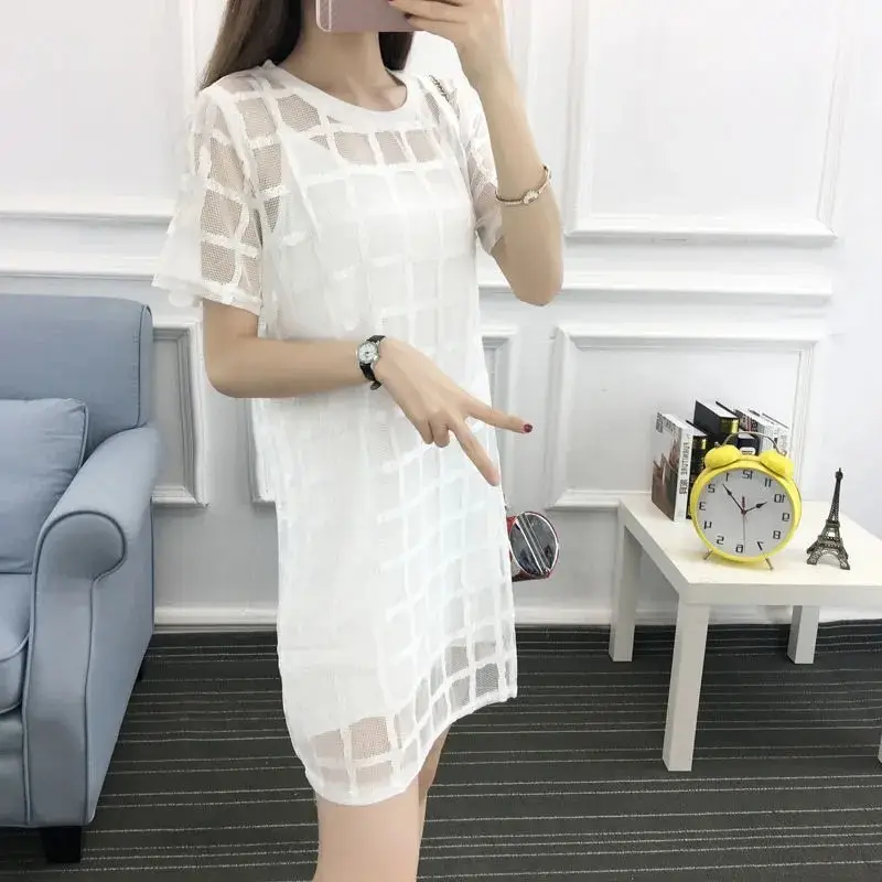 Black Mesh Plaid Dress Mid-Length Slimming