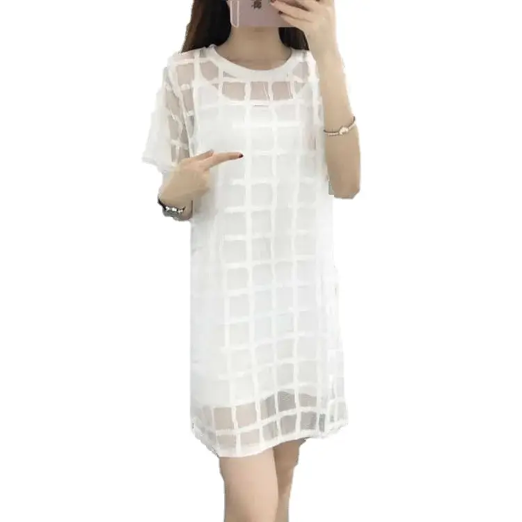 Black Mesh Plaid Dress Mid-Length Slimming