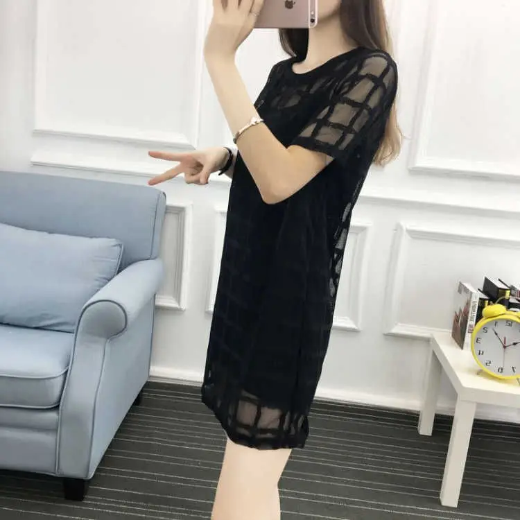 Black Mesh Plaid Dress Mid-Length Slimming — feature 1