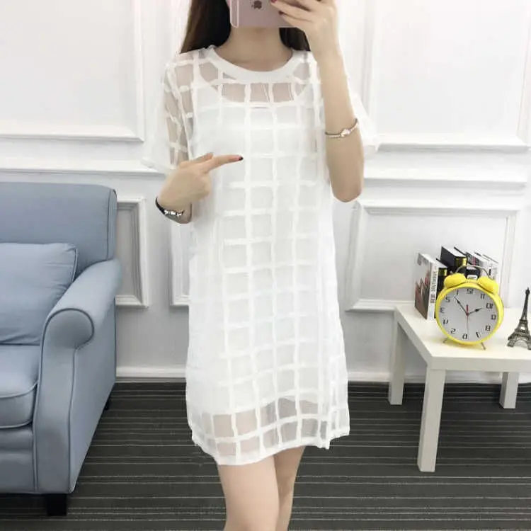 Black Mesh Plaid Dress Mid-Length Slimming — feature 11
