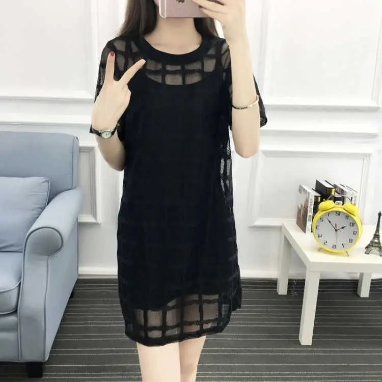 Black Mesh Plaid Dress Mid-Length Slimming — feature 2