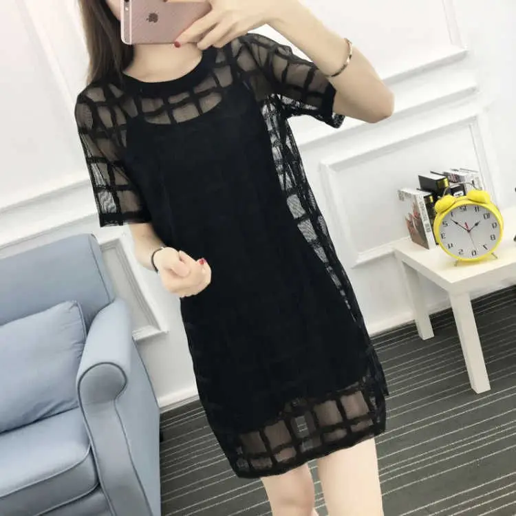 Black Mesh Plaid Dress Mid-Length Slimming — feature 3