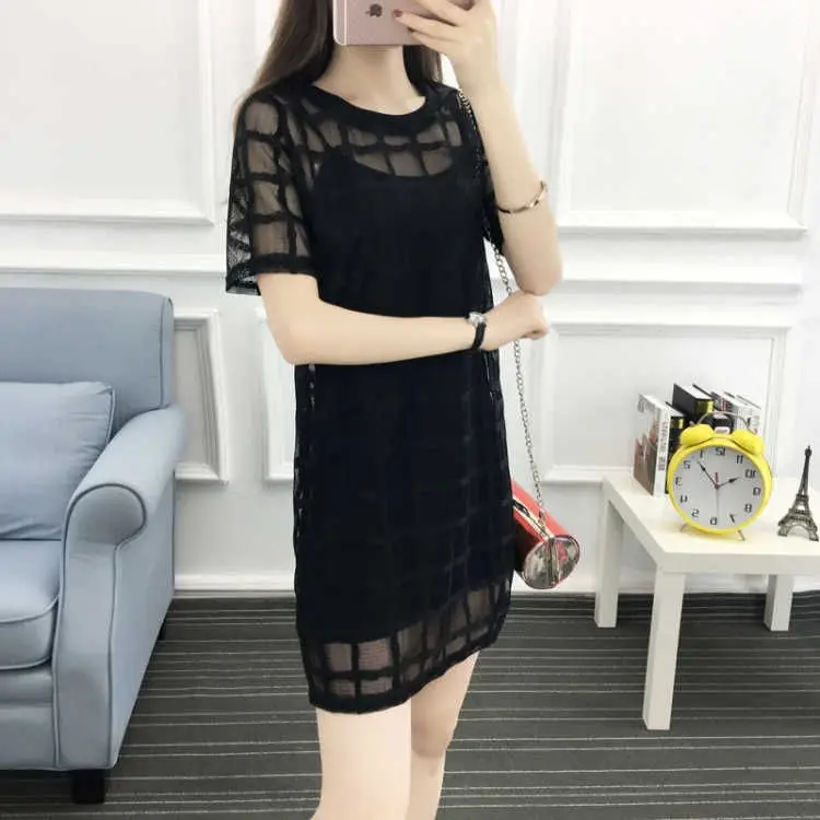 Black Mesh Plaid Dress Mid-Length Slimming — feature 4