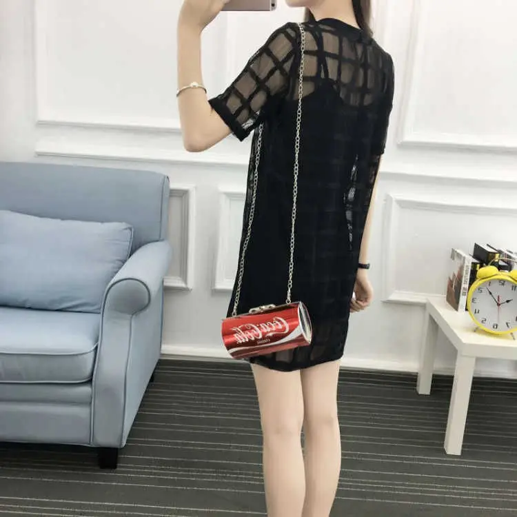 Black Mesh Plaid Dress Mid-Length Slimming — feature 5