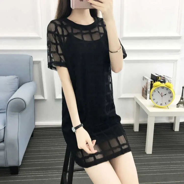 Black Mesh Plaid Dress Mid-Length Slimming — feature 6