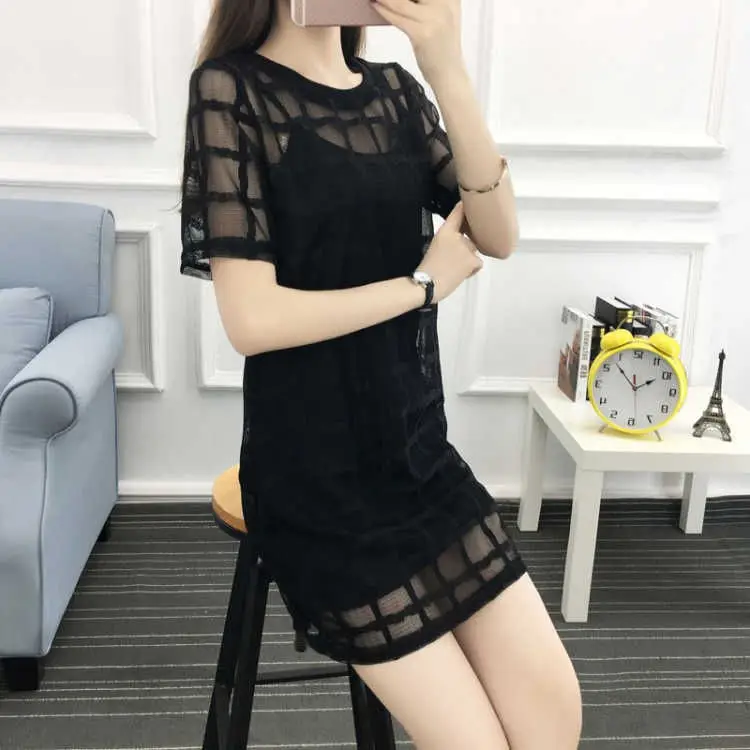 Black Mesh Plaid Dress Mid-Length Slimming — feature 7