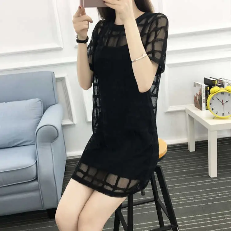 Black Mesh Plaid Dress Mid-Length Slimming — feature 8