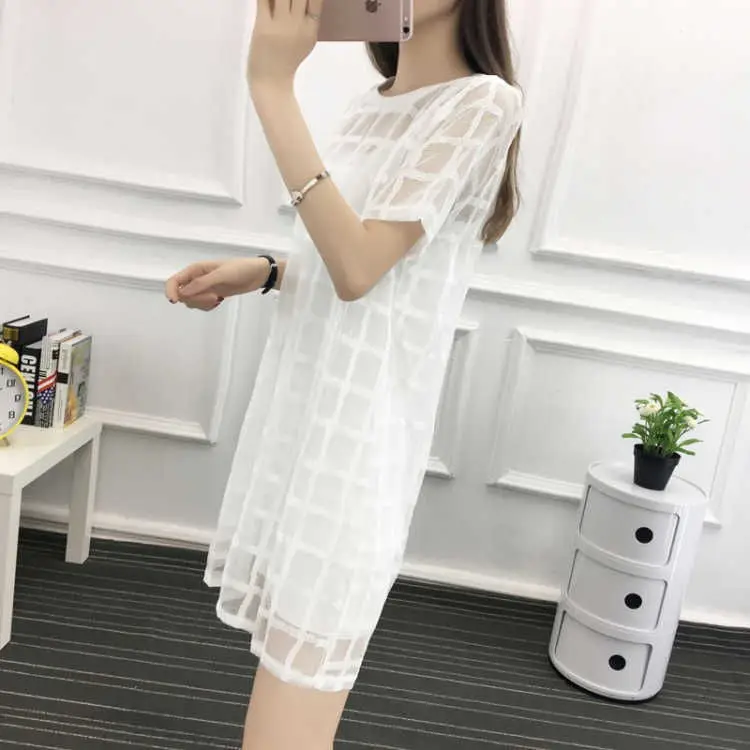 Black Mesh Plaid Dress Mid-Length Slimming — feature 9