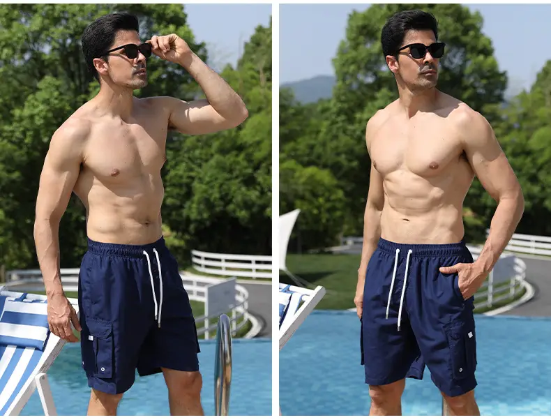 Men Navy Blue Cargo Shorts with Drawstring Waist — feature 10