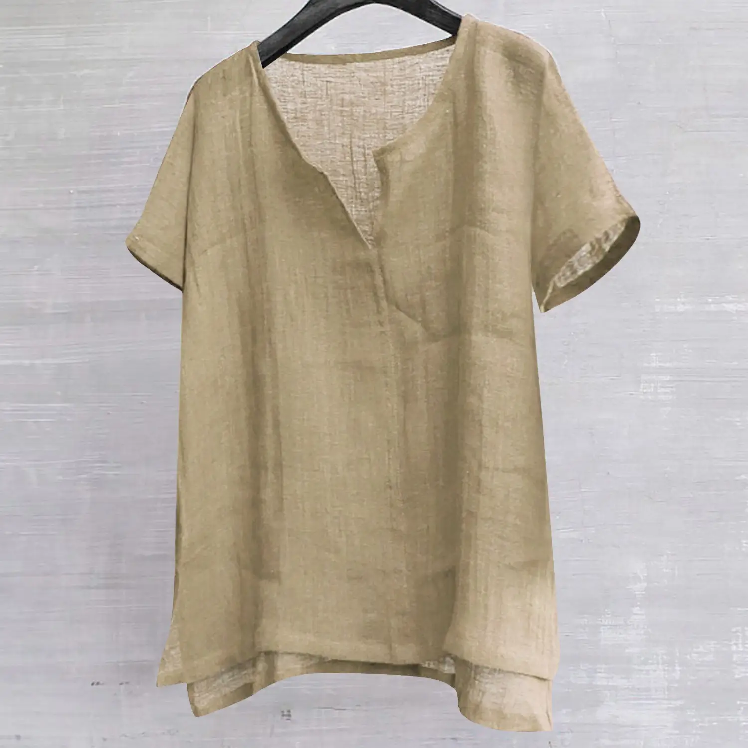 Men's Cotton Linen V-Neck T-Shirt Beige - Image 12