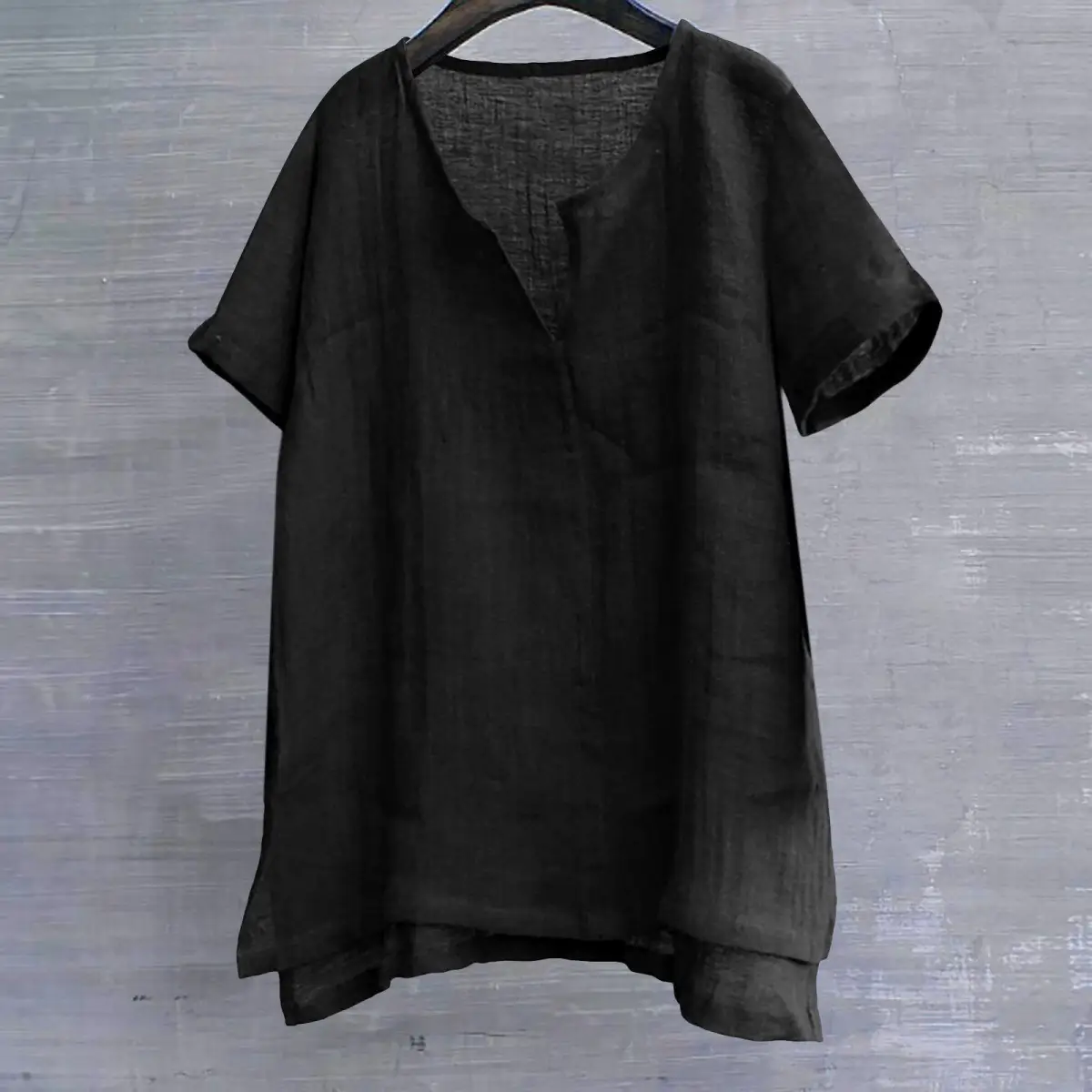 Men's Cotton Linen V-Neck T-Shirt Beige - Image 4