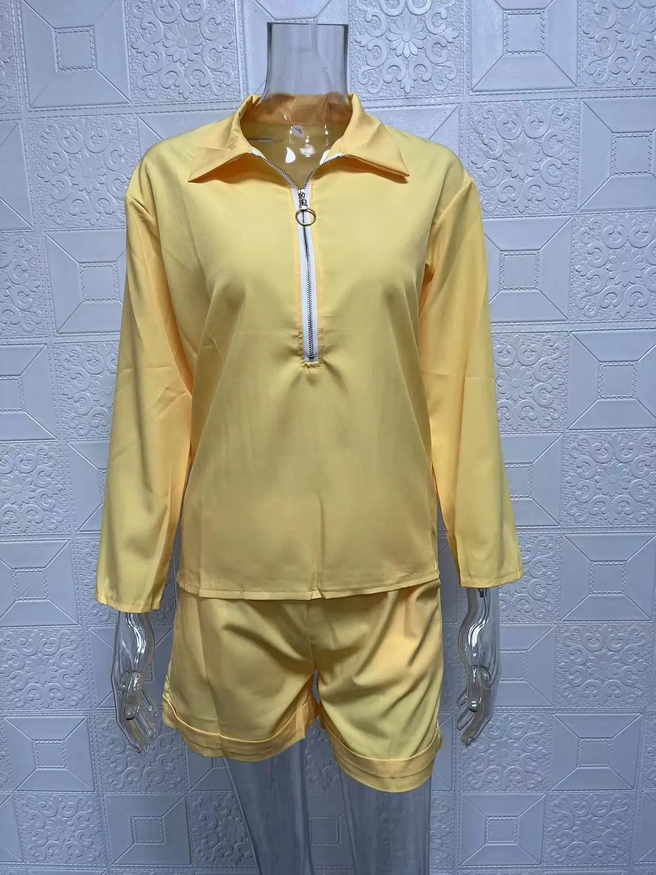 Women Yellow Zipper Shorts Top Set Summer 2024 — feature 19