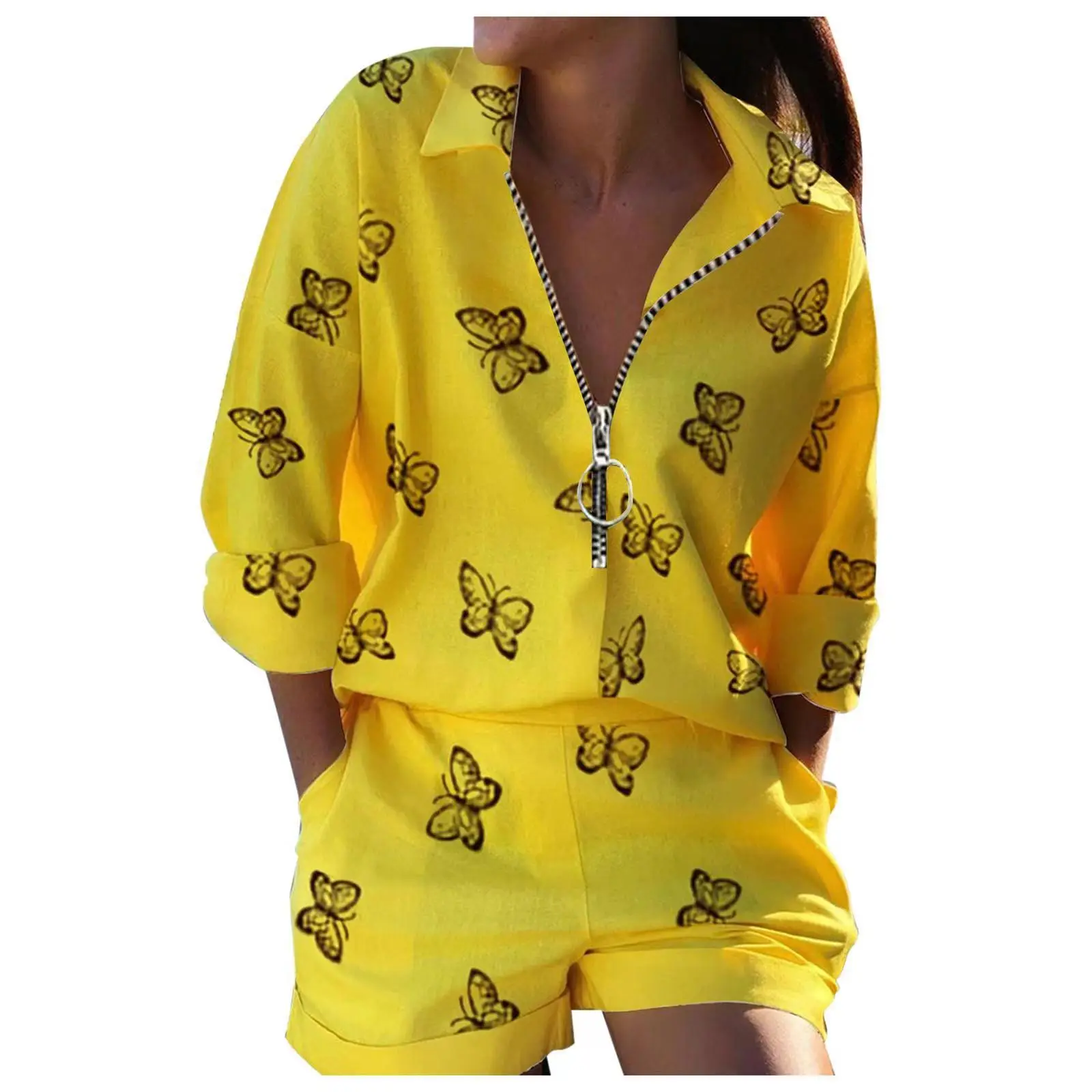 Women Yellow Zipper Shorts Top Set Summer 2024 — feature 37