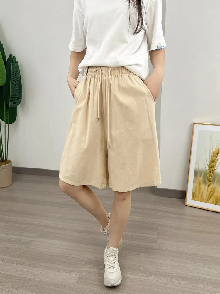 Women Cotton Linen Shorts Red Loose High Waist - Image 2