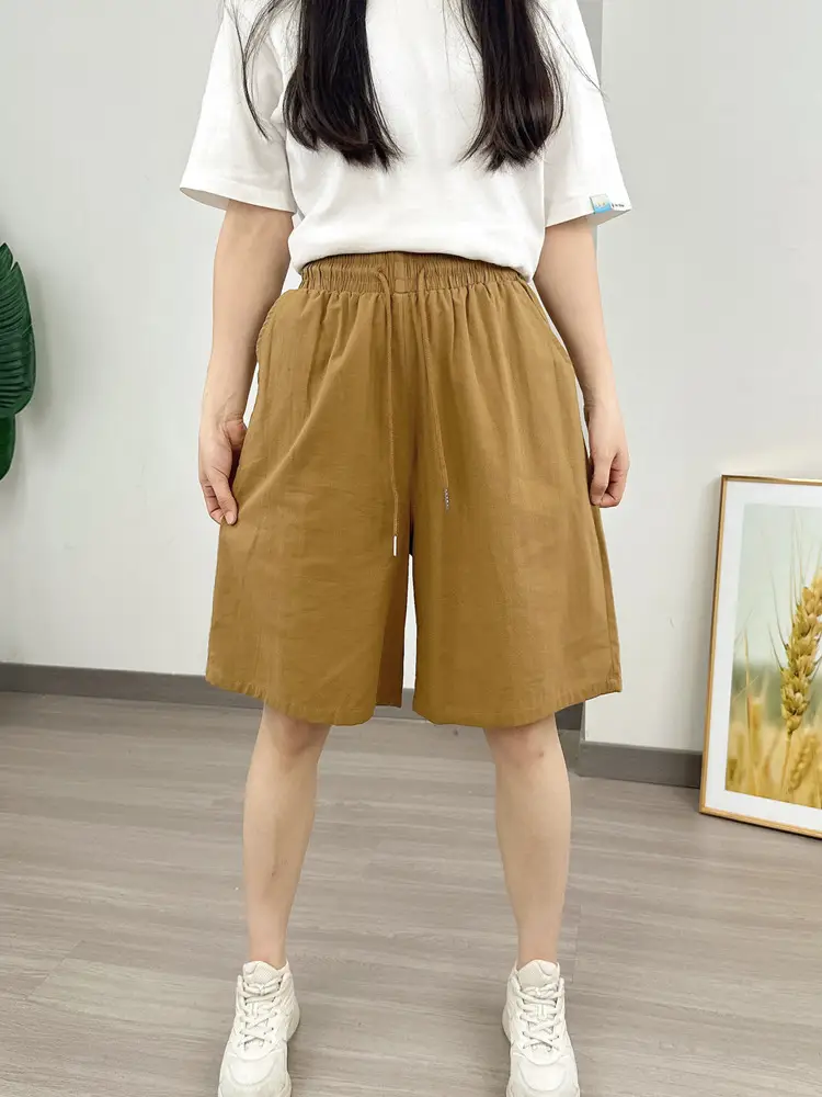 Women Cotton Linen Shorts Red Loose High Waist - Image 5