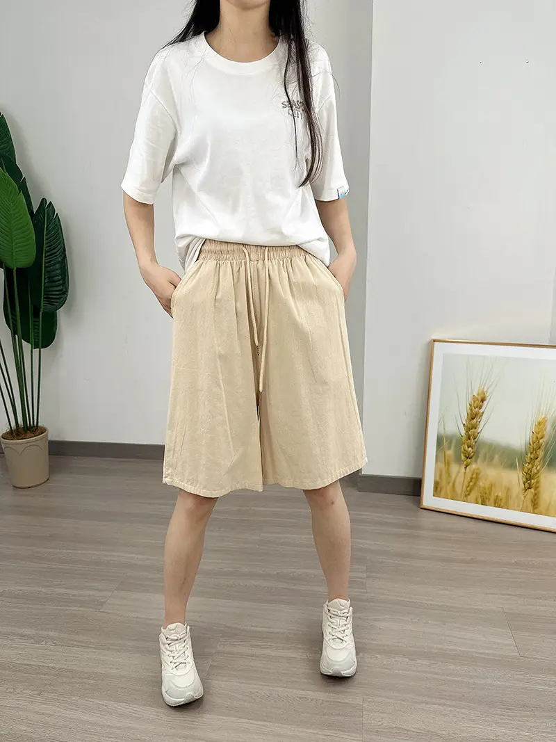 Women Cotton Linen Shorts Red Loose High Waist — feature 10