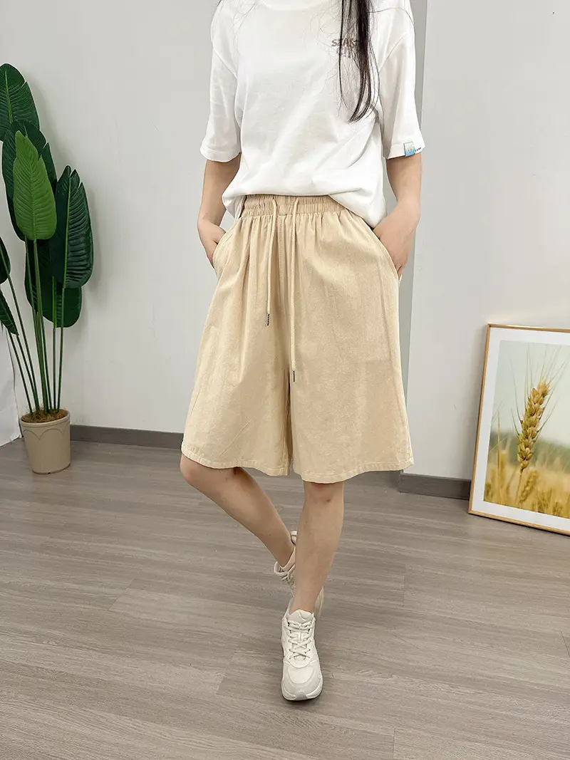 Women Cotton Linen Shorts Red Loose High Waist — feature 11