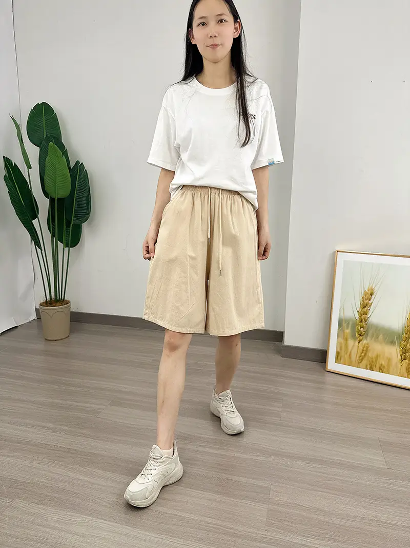 Women Cotton Linen Shorts Red Loose High Waist — feature 12