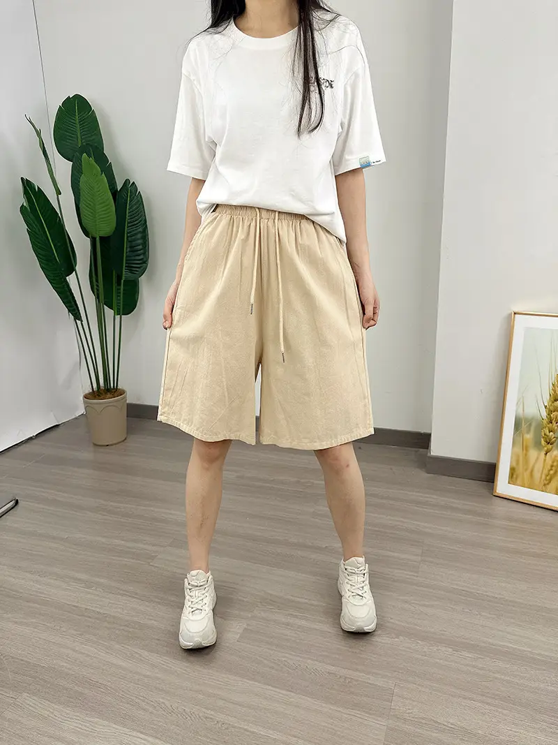 Women Cotton Linen Shorts Red Loose High Waist — feature 13