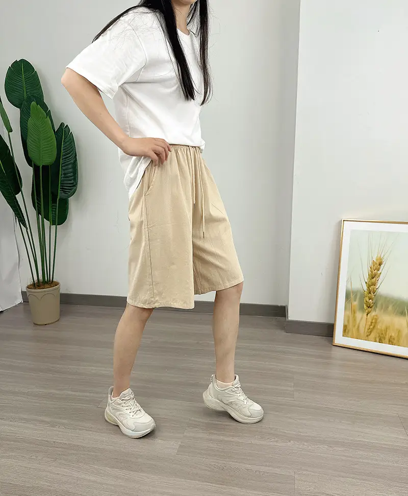 Women Cotton Linen Shorts Red Loose High Waist — feature 14