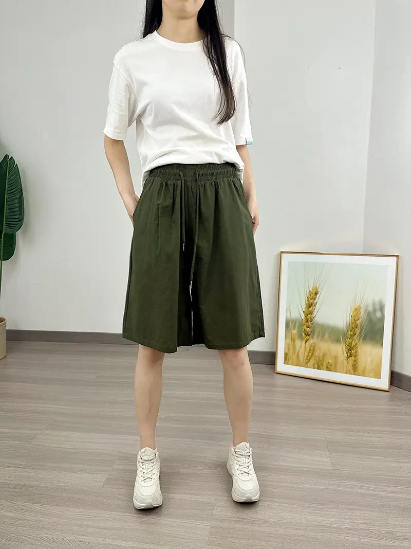 Women Cotton Linen Shorts Red Loose High Waist — feature 16