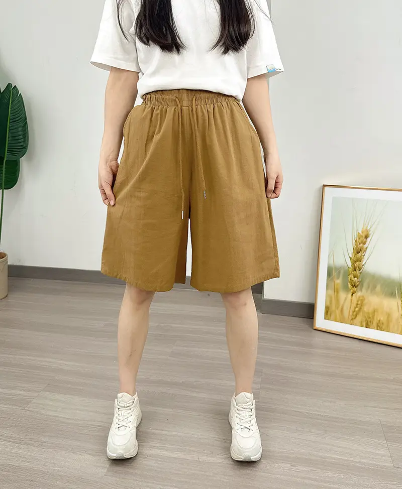 Women Cotton Linen Shorts Red Loose High Waist — feature 19
