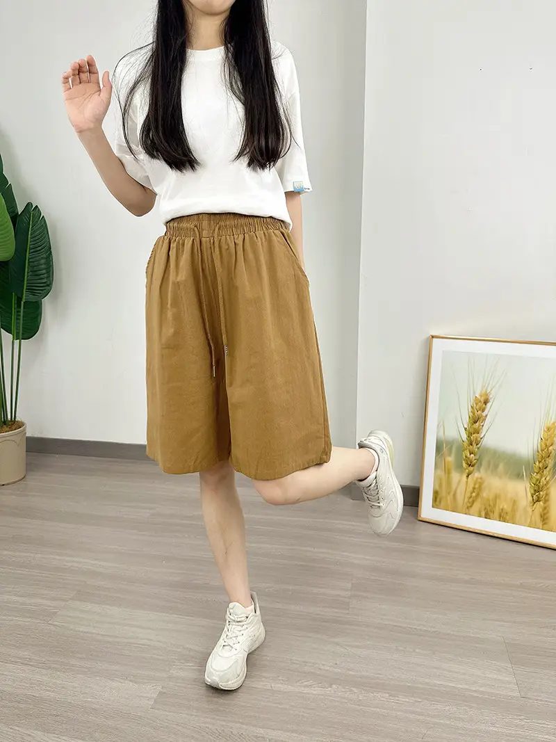 Women Cotton Linen Shorts Red Loose High Waist — feature 20