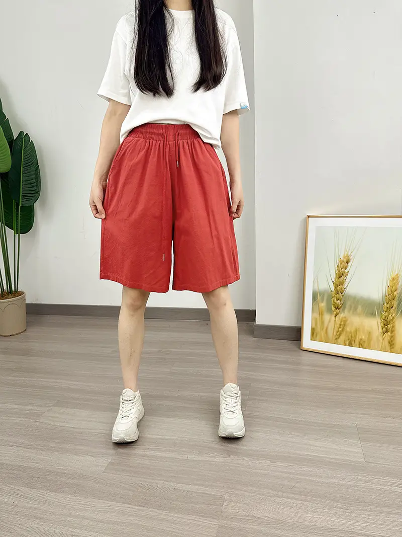 Women Cotton Linen Shorts Red Loose High Waist — feature 24
