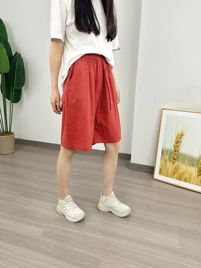 Women Cotton Linen Shorts Red Loose High Waist — feature 25