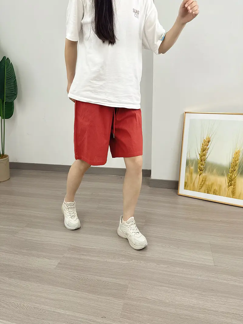 Women Cotton Linen Shorts Red Loose High Waist — feature 26
