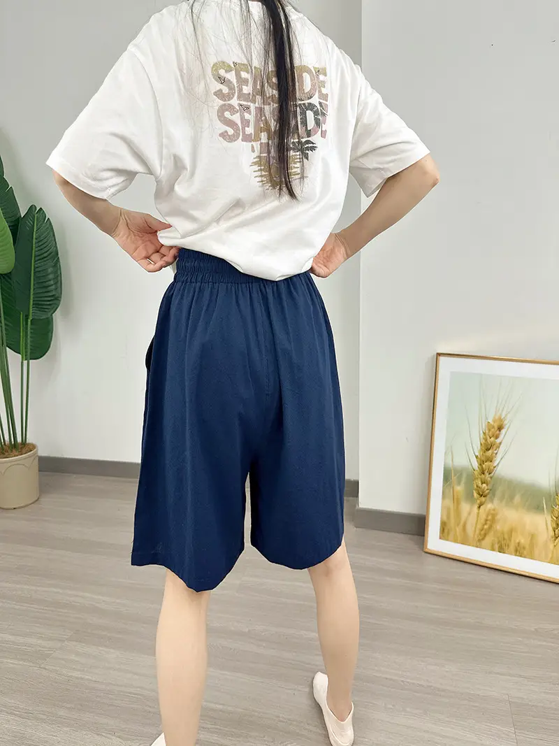 Women Cotton Linen Shorts Red Loose High Waist — feature 30