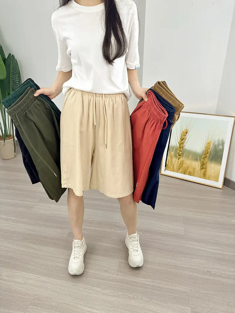 Women Cotton Linen Shorts Red Loose High Waist — feature 31