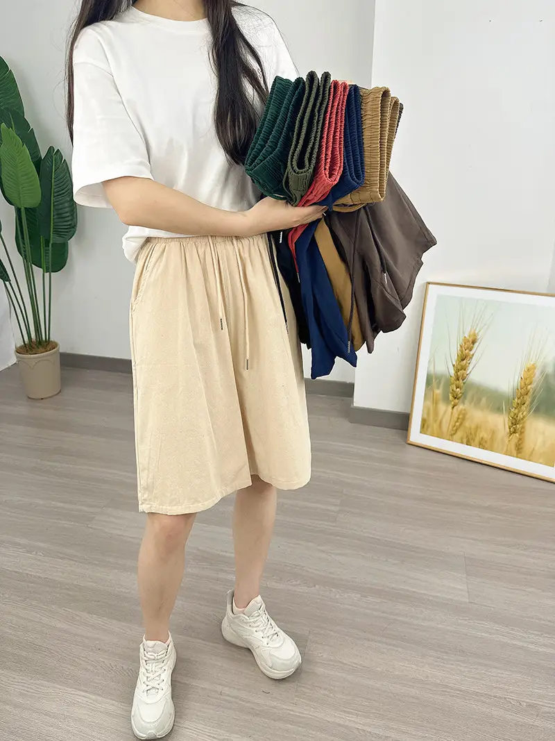 Women Cotton Linen Shorts Red Loose High Waist — feature 32
