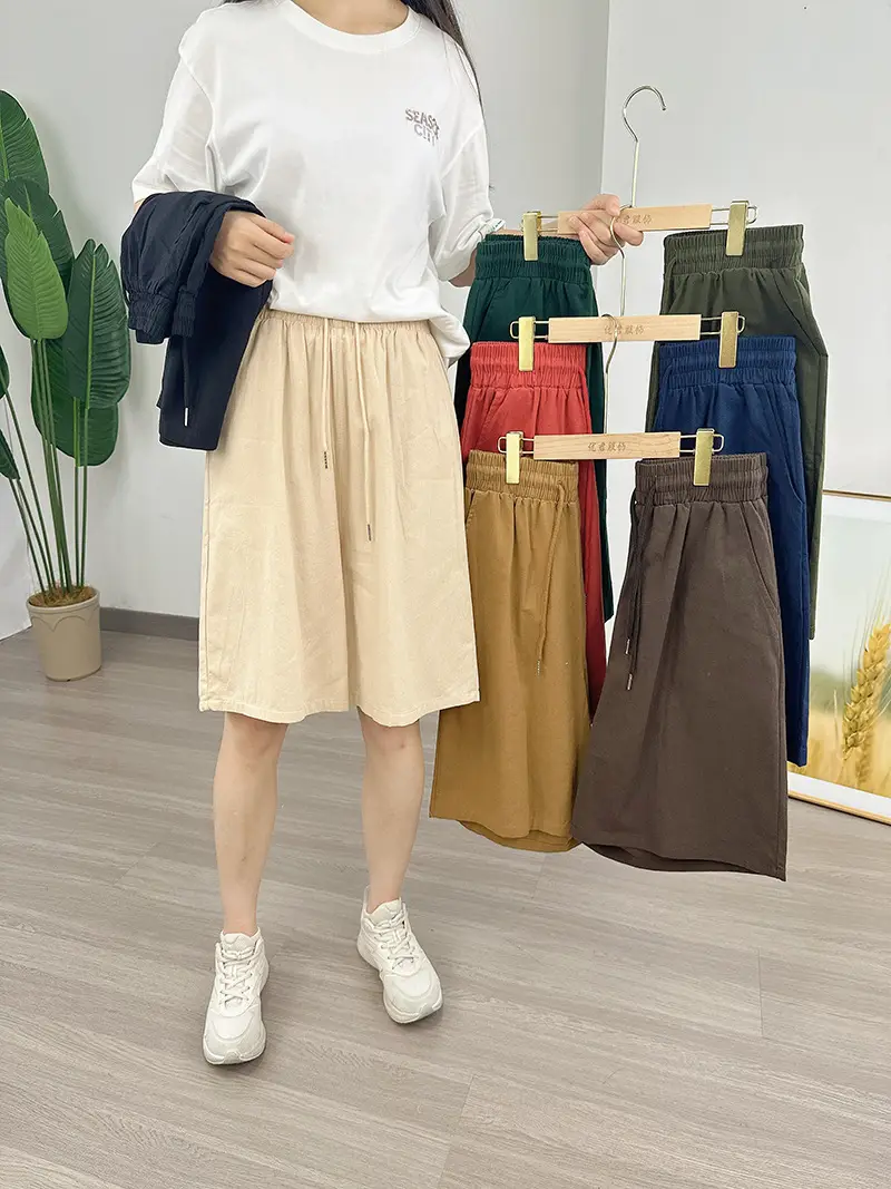 Women Cotton Linen Shorts Red Loose High Waist — feature 4