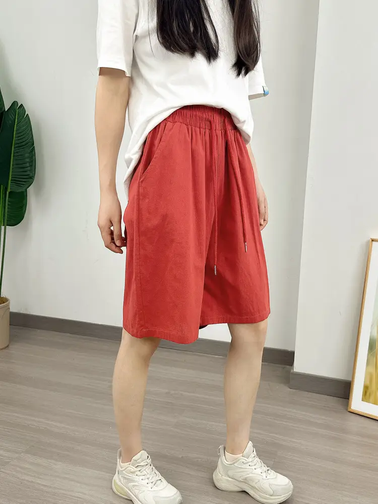 Women Cotton Linen Shorts Red Loose High Waist - Image 7