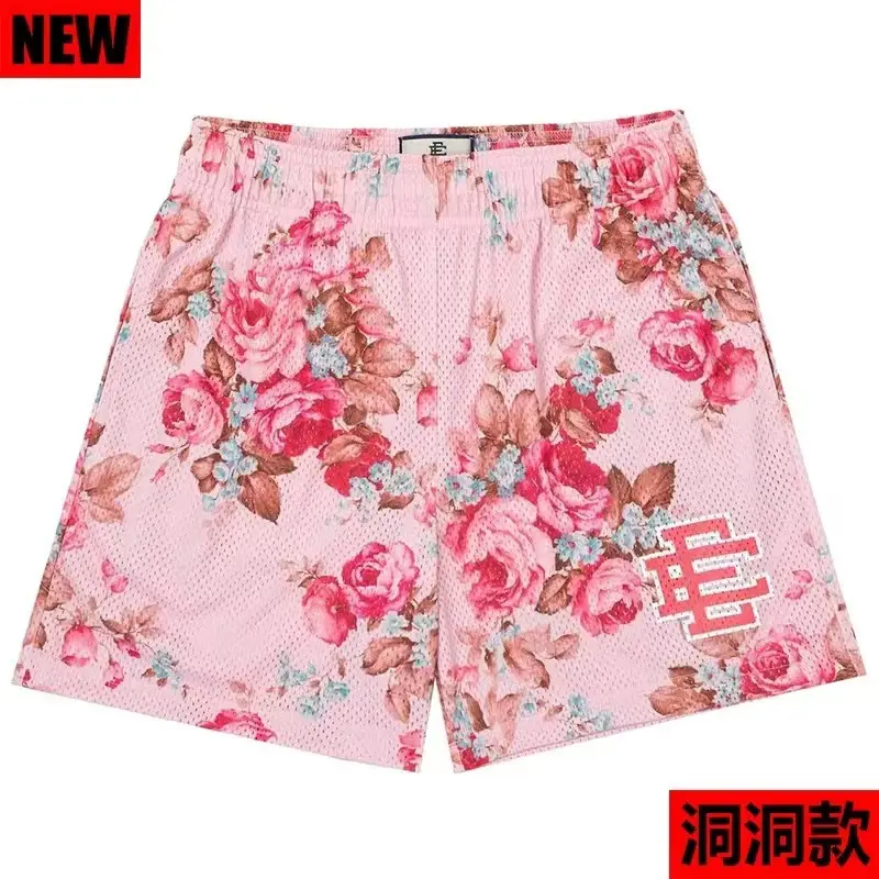 Men Floral Mesh Shorts Pink Brown