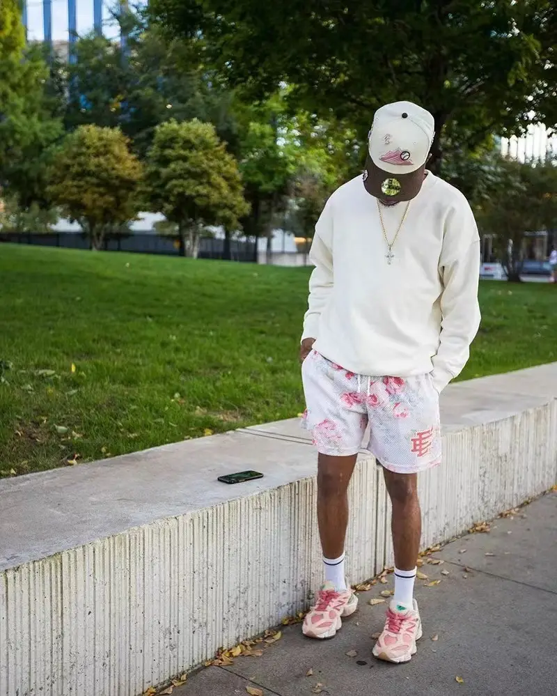 Men Floral Mesh Shorts Pink Brown — feature 14