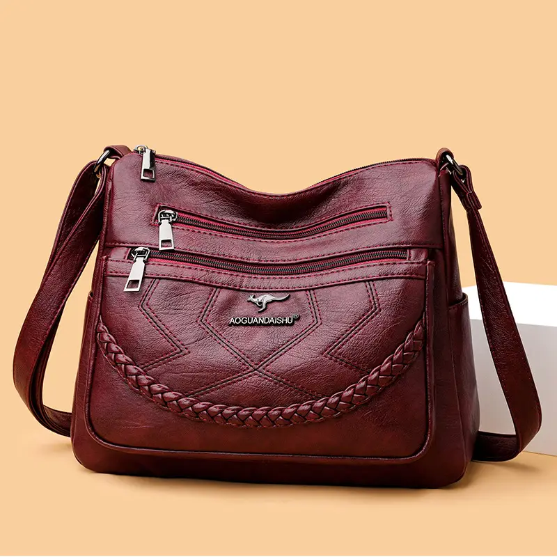 Women's Maroon Leather Shoulder Bag with Braided Design - Image 8