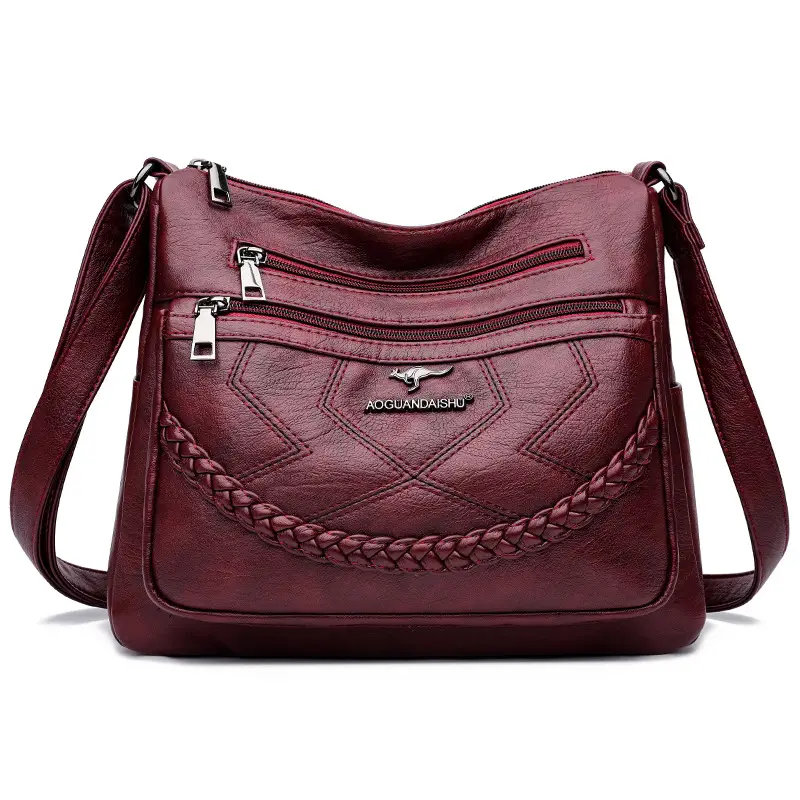 Women's Maroon Leather Shoulder Bag with Braided Design - Image 2