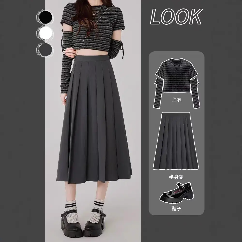 2025 Spring Pleated Skirt Set Brown Mid-Length - Image 9