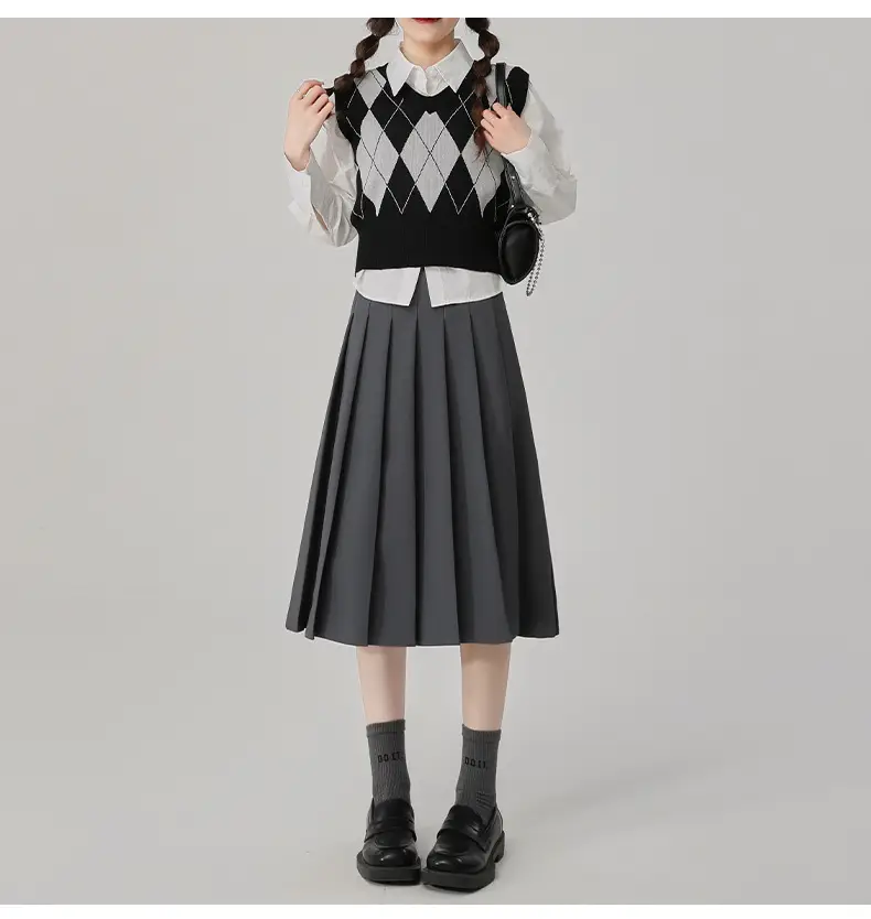 2025 Spring Pleated Skirt Set Brown Mid-Length — feature 12