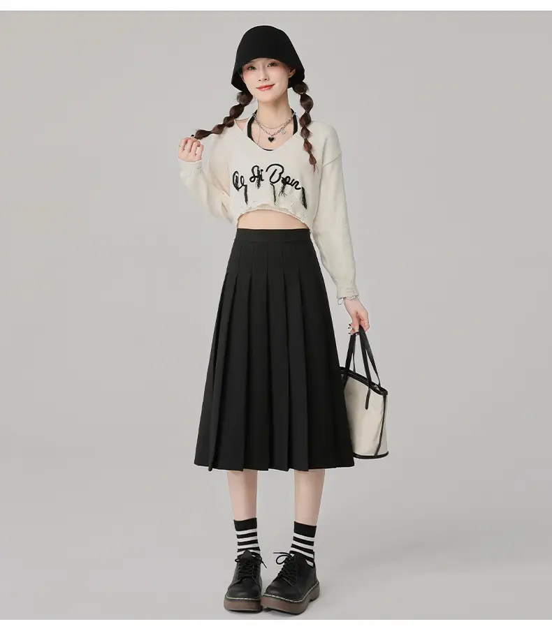 2025 Spring Pleated Skirt Set Brown Mid-Length — feature 15