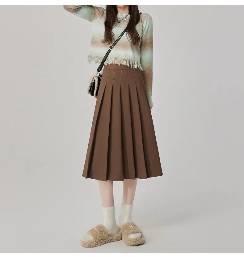 2025 Spring Pleated Skirt Set Brown Mid-Length — feature 16